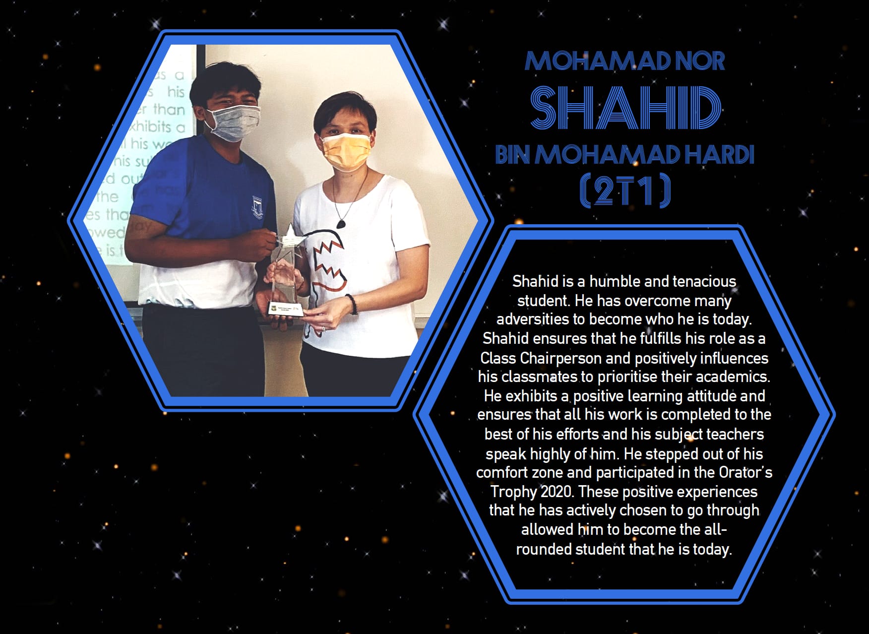 Student award card for Mohamad Nor Shahid showing two masked people holding a trophy, with a bio on dark background.
